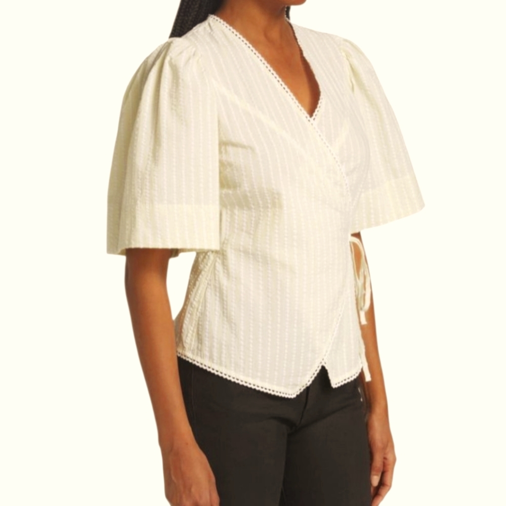 Ganni Seersucker Striped Wrap Blouse Short Sleeve Cotton Yellow & White 40 8/10 - Picture 3 of 16